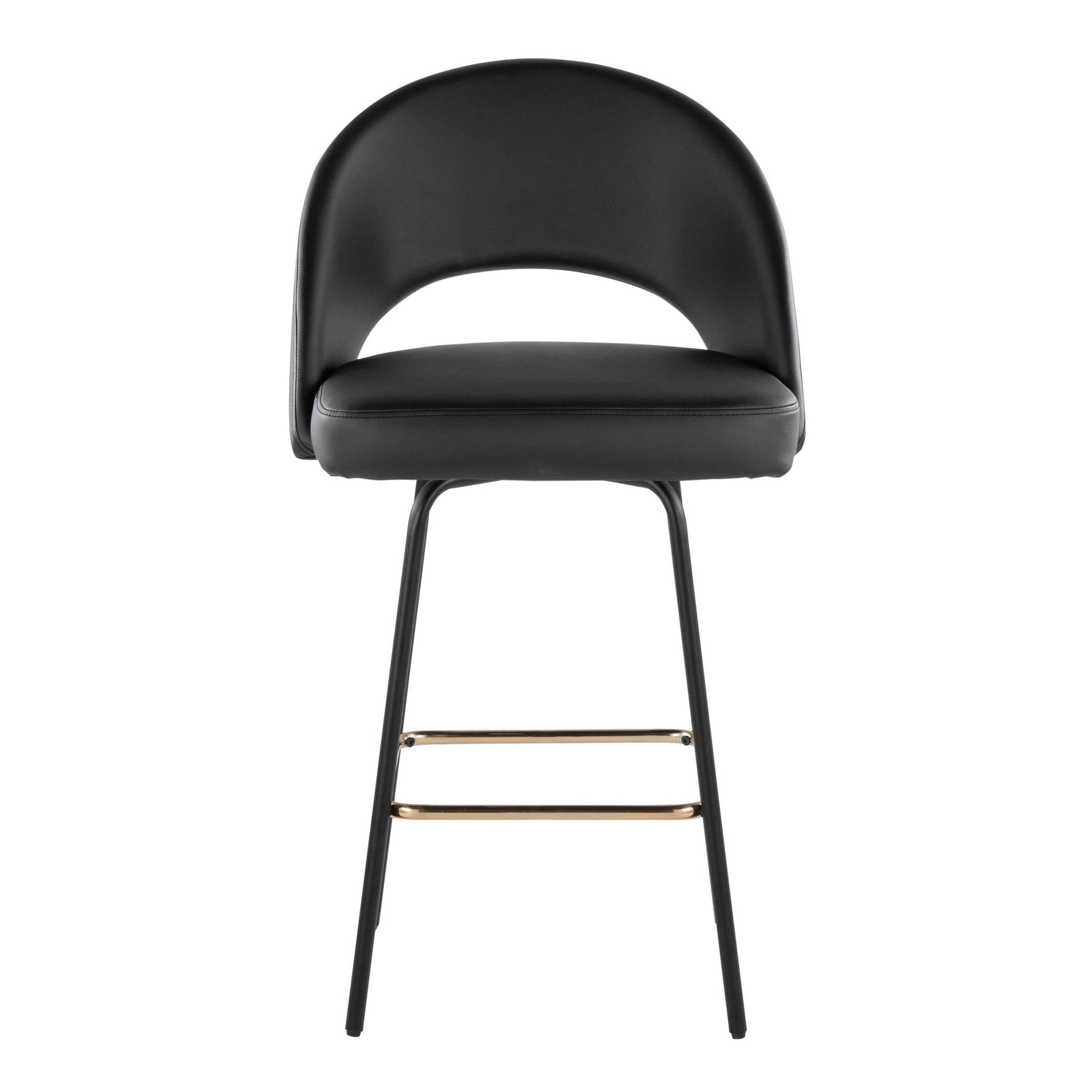 Renee Upholstered 26" Fixed-Height Counter Stool - Set of 2 - Black Metal, Black Pu, Gold Metal