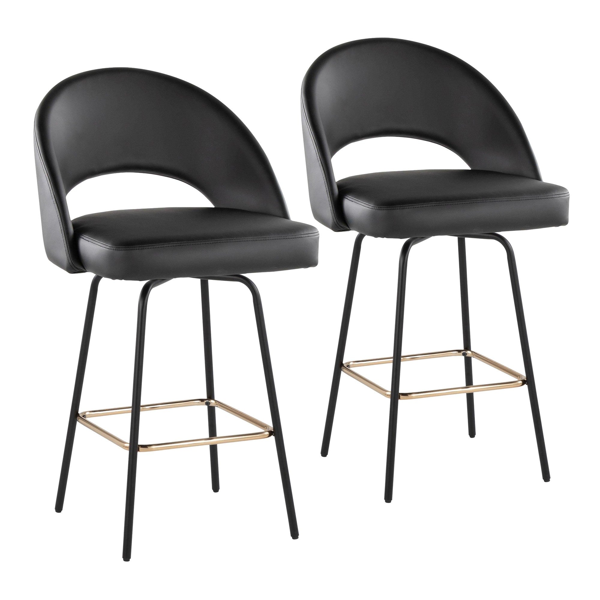 Renee Upholstered 26" Fixed-Height Counter Stool - Set of 2 - Black Metal, Black Pu, Gold Metal