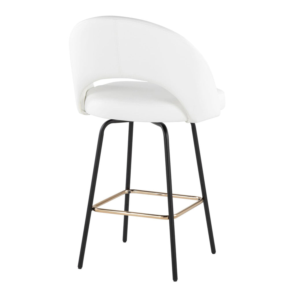Renee Upholstered 26" Fixed-Height Counter Stool - Set of 2 - Black Metal, White Pu, Gold Metal