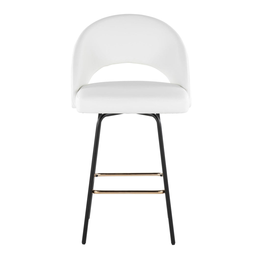 Renee Upholstered 26" Fixed-Height Counter Stool - Set of 2 - Black Metal, White Pu, Gold Metal