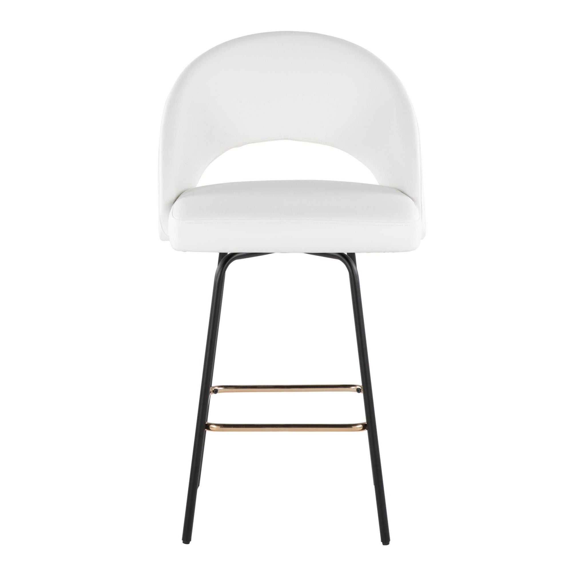 Renee Upholstered 26" Fixed-Height Counter Stool - Set of 2 - Black Metal, White Pu, Gold Metal