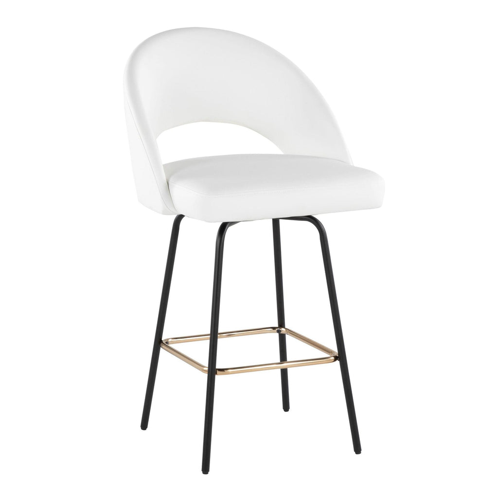 Renee Upholstered 26" Fixed-Height Counter Stool - Set of 2 - Black Metal, White Pu, Gold Metal