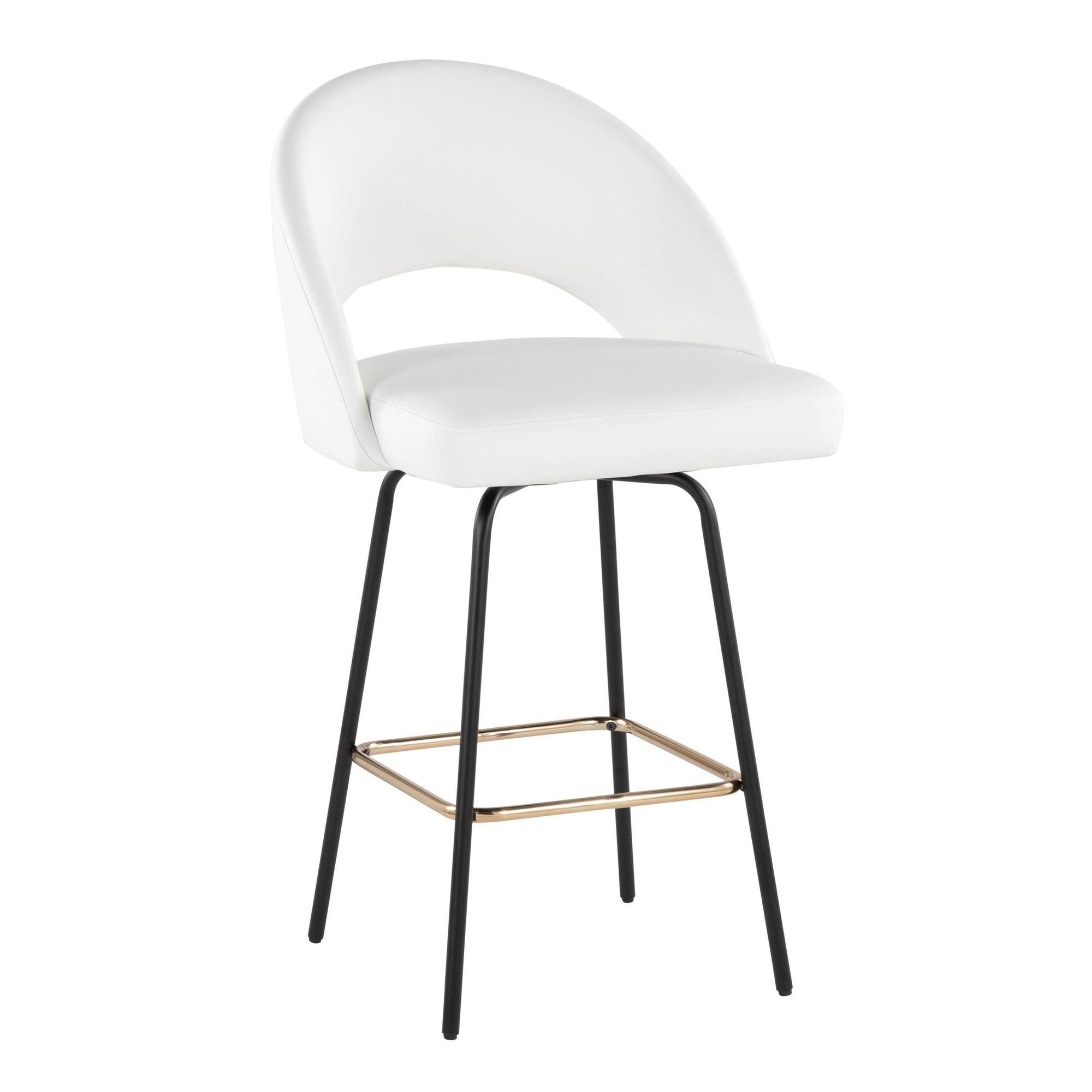 Renee Upholstered 26" Fixed-Height Counter Stool - Set of 2 - Black Metal, White Pu, Gold Metal