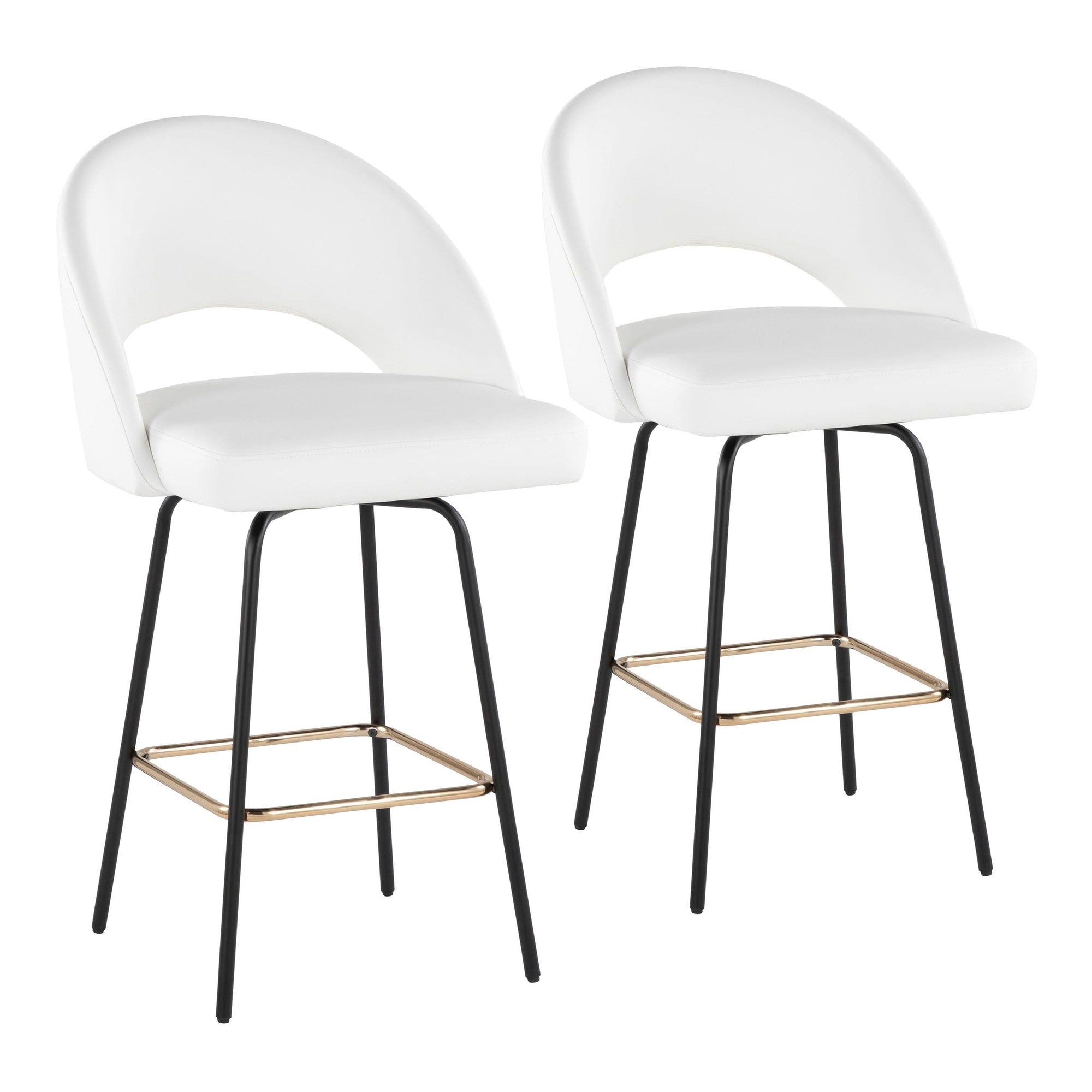 Renee Upholstered 26" Fixed-Height Counter Stool - Set of 2 - Black Metal, White Pu, Gold Metal
