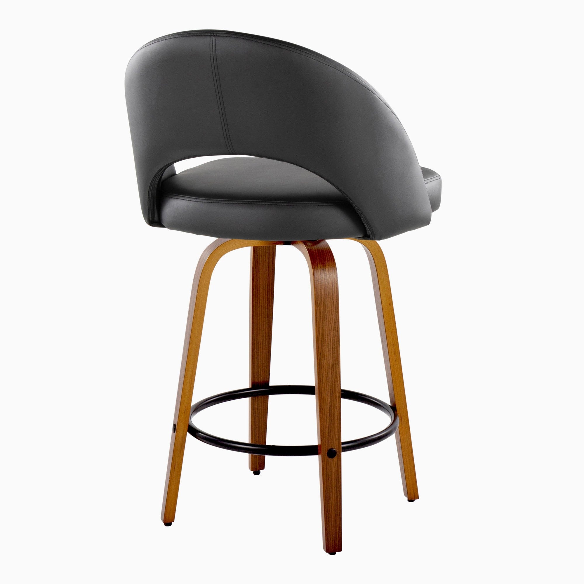 Renee Upholstered 26" Fixed-Height Counter Stool - Set of 2 - Walnut Wood, Black PU, Black Metal