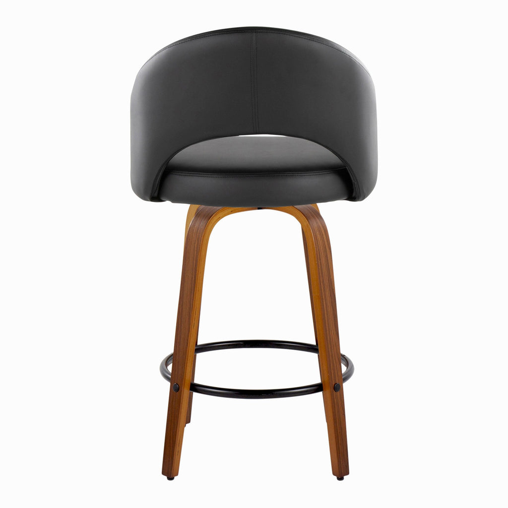 Renee Upholstered 26" Fixed-Height Counter Stool - Set of 2 - Walnut Wood, Black PU, Black Metal
