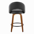 Renee Upholstered 26" Fixed-Height Counter Stool - Set of 2 - Walnut Wood, Black PU, Black Metal