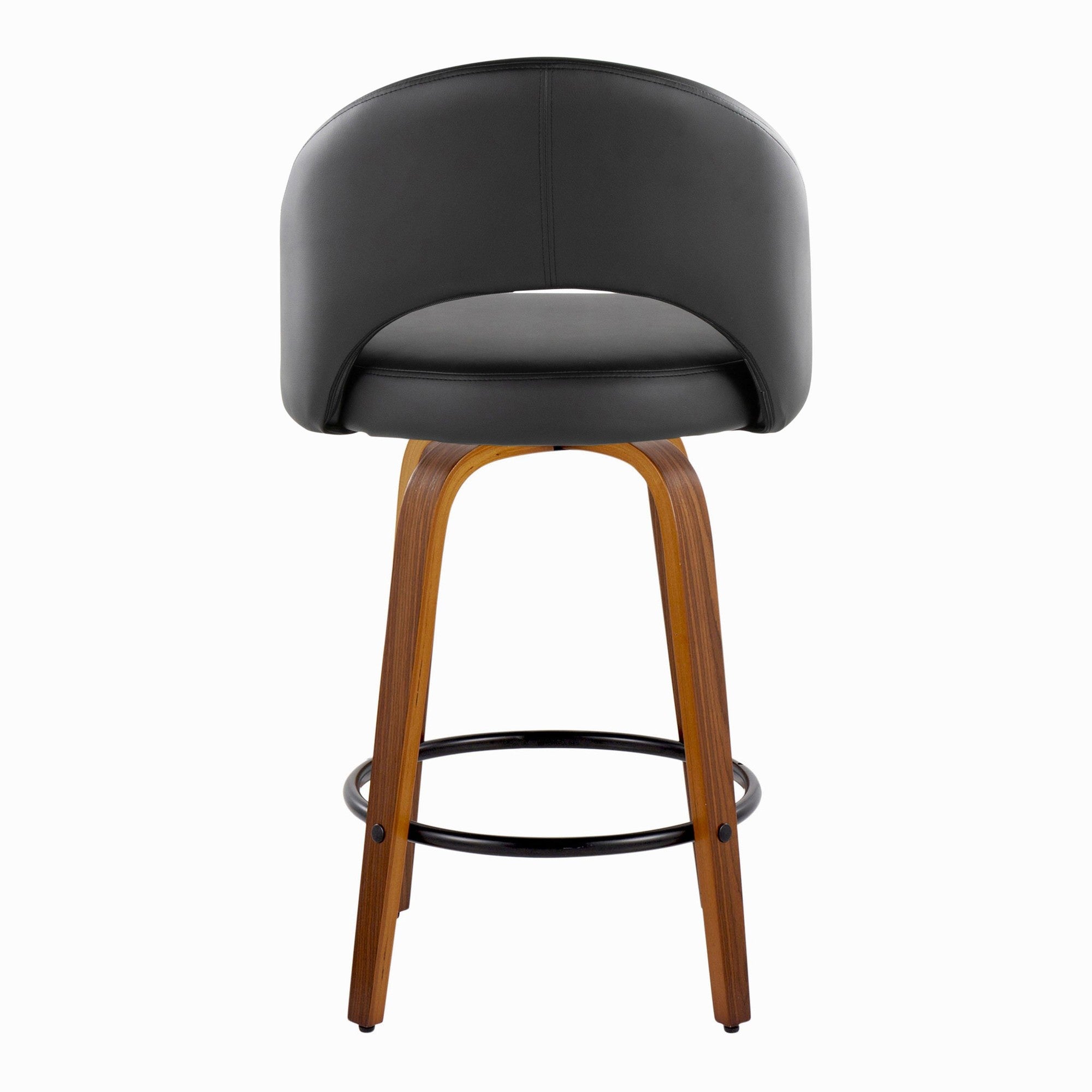 Renee Upholstered 26" Fixed-Height Counter Stool - Set of 2 - Walnut Wood, Black PU, Black Metal