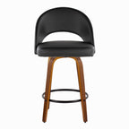 Renee Upholstered 26" Fixed-Height Counter Stool - Set of 2 - Walnut Wood, Black PU, Black Metal