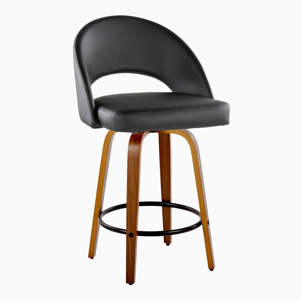 Renee Upholstered 26" Fixed-Height Counter Stool - Set of 2 - Walnut Wood, Black PU, Black Metal