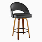 Renee Upholstered 26" Fixed-Height Counter Stool - Set of 2 - Walnut Wood, Black PU, Black Metal