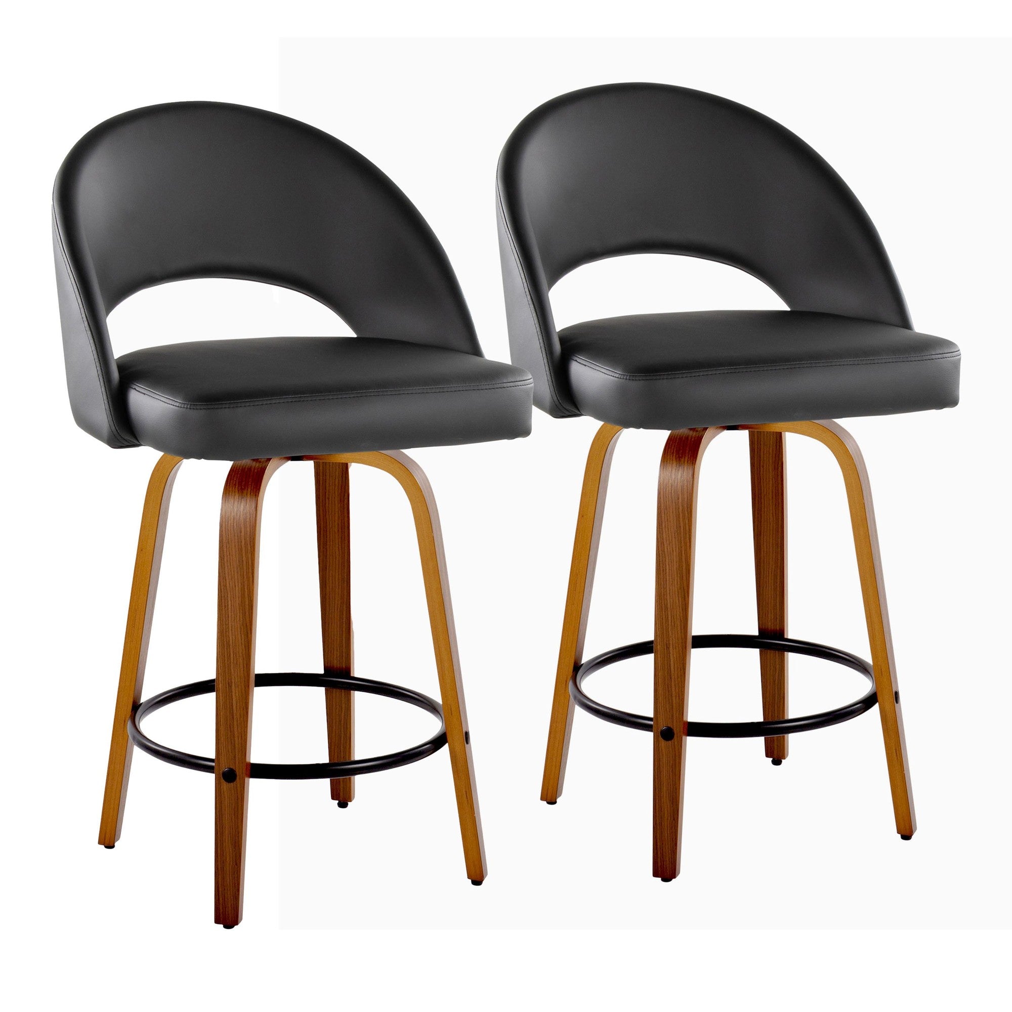 Renee Upholstered 26" Fixed-Height Counter Stool - Set of 2 - Walnut Wood, Black PU, Black Metal