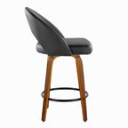 Renee Upholstered 26" Fixed-Height Counter Stool - Set of 2 - Walnut Wood, Black PU, Black Metal