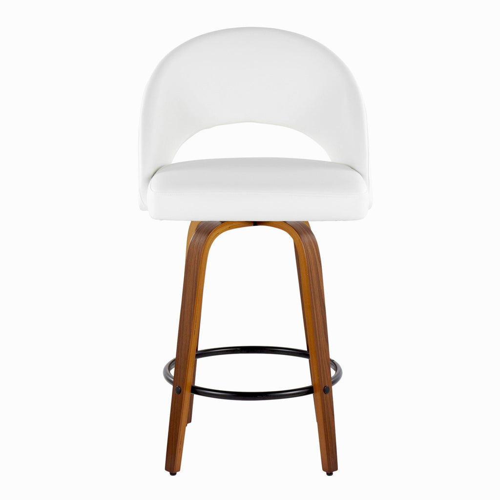 Renee Upholstered 26" Fixed-Height Counter Stool - Set of 2 - Walnut Wood, White PU, Black Metal