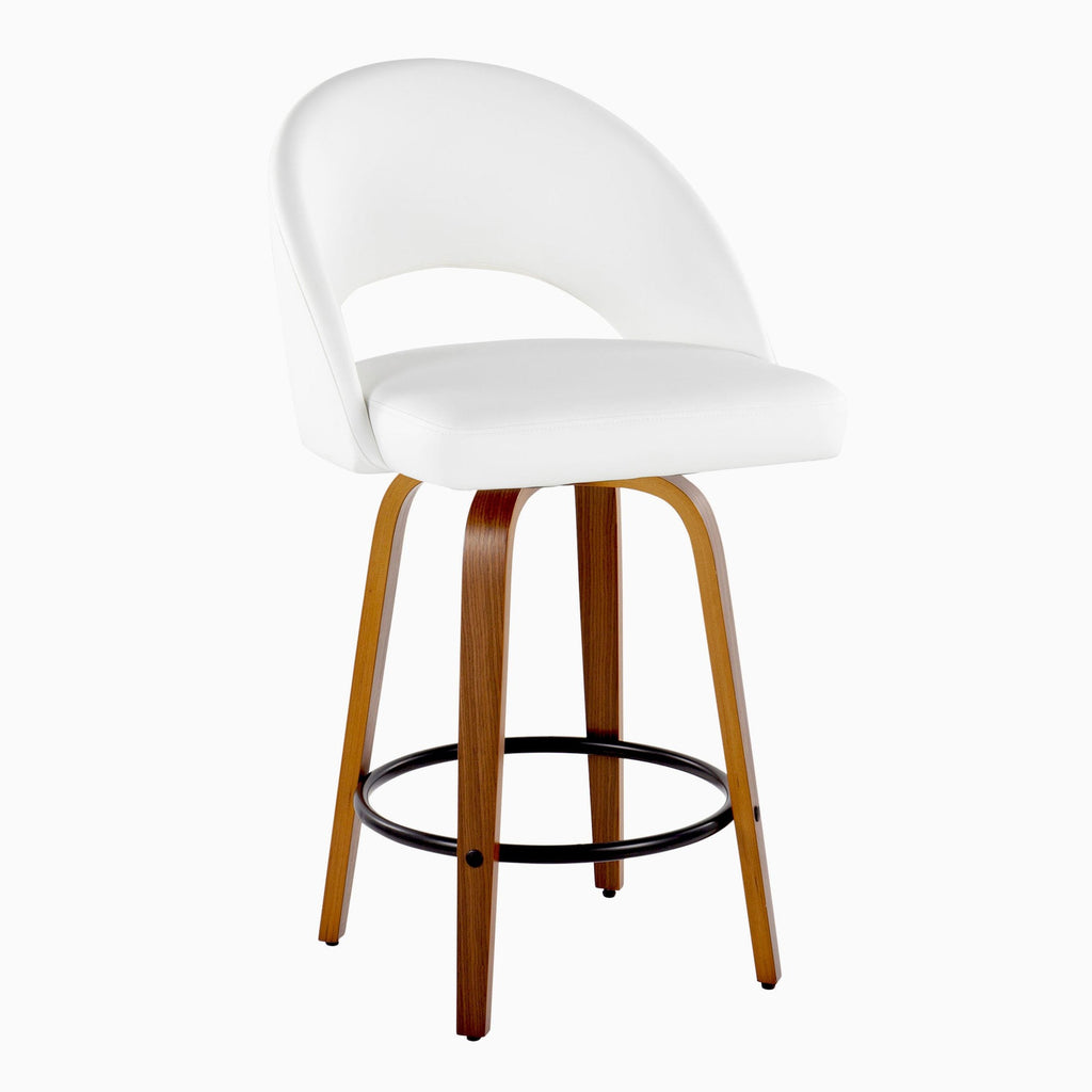 Renee Upholstered 26" Fixed-Height Counter Stool - Set of 2 - Walnut Wood, White PU, Black Metal