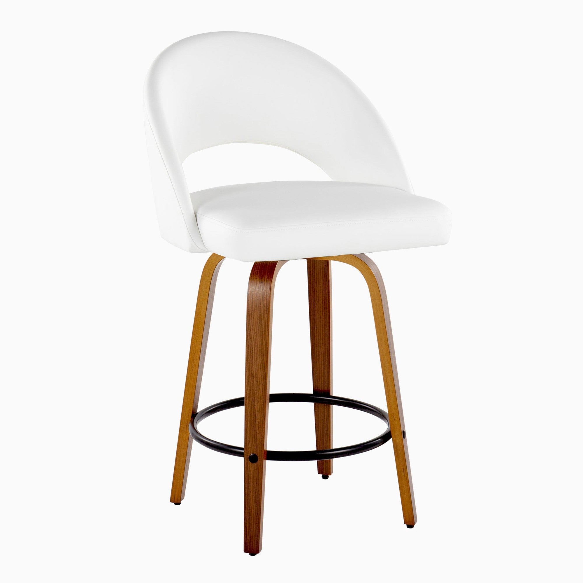 Renee Upholstered 26" Fixed-Height Counter Stool - Set of 2 - Walnut Wood, White PU, Black Metal
