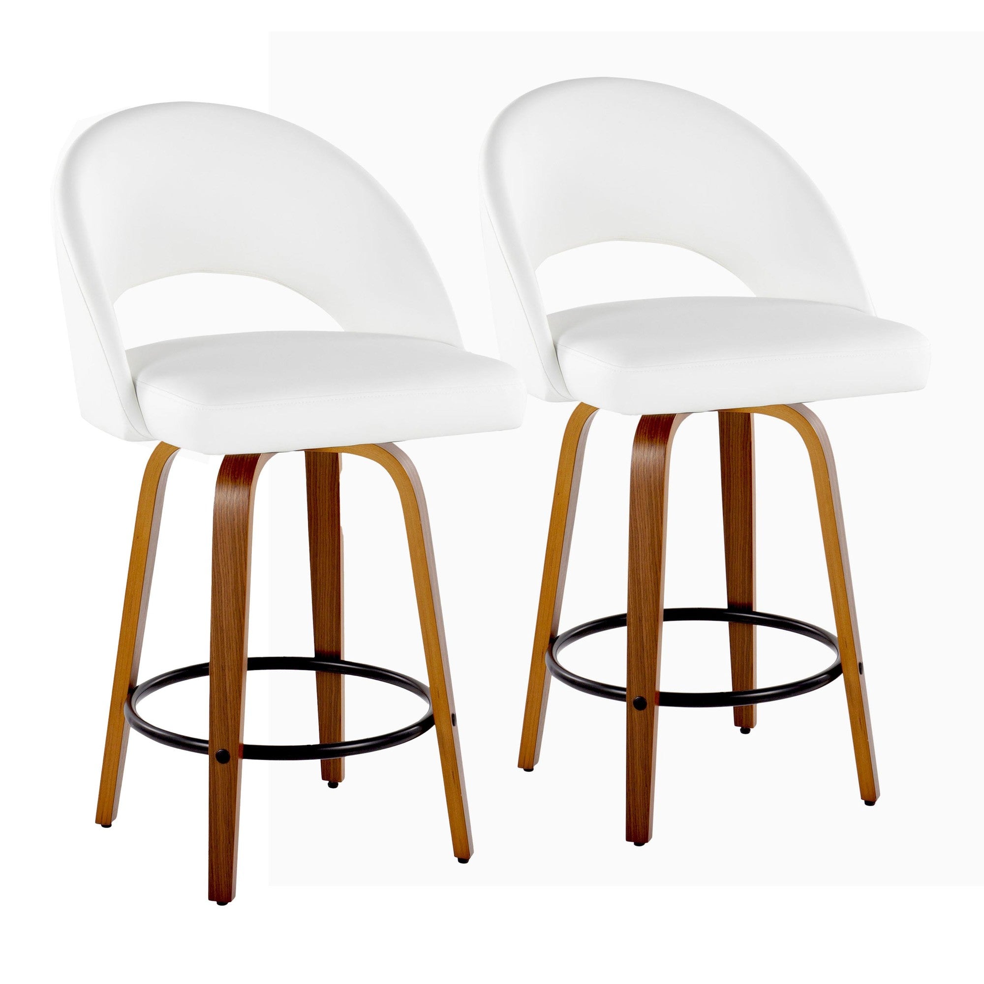 Renee Upholstered 26" Fixed-Height Counter Stool - Set of 2 - Walnut Wood, White PU, Black Metal