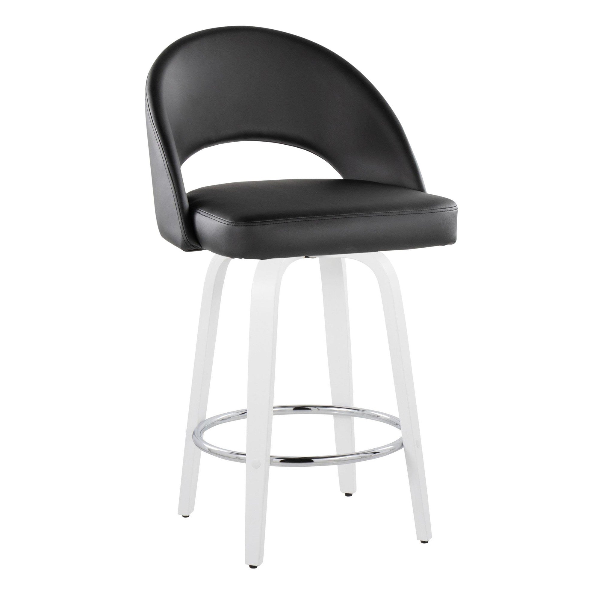 Renee 26" Fixed-Height Counter Stool - Set of 2 - White Wood, Black PU, Chrome Metal
