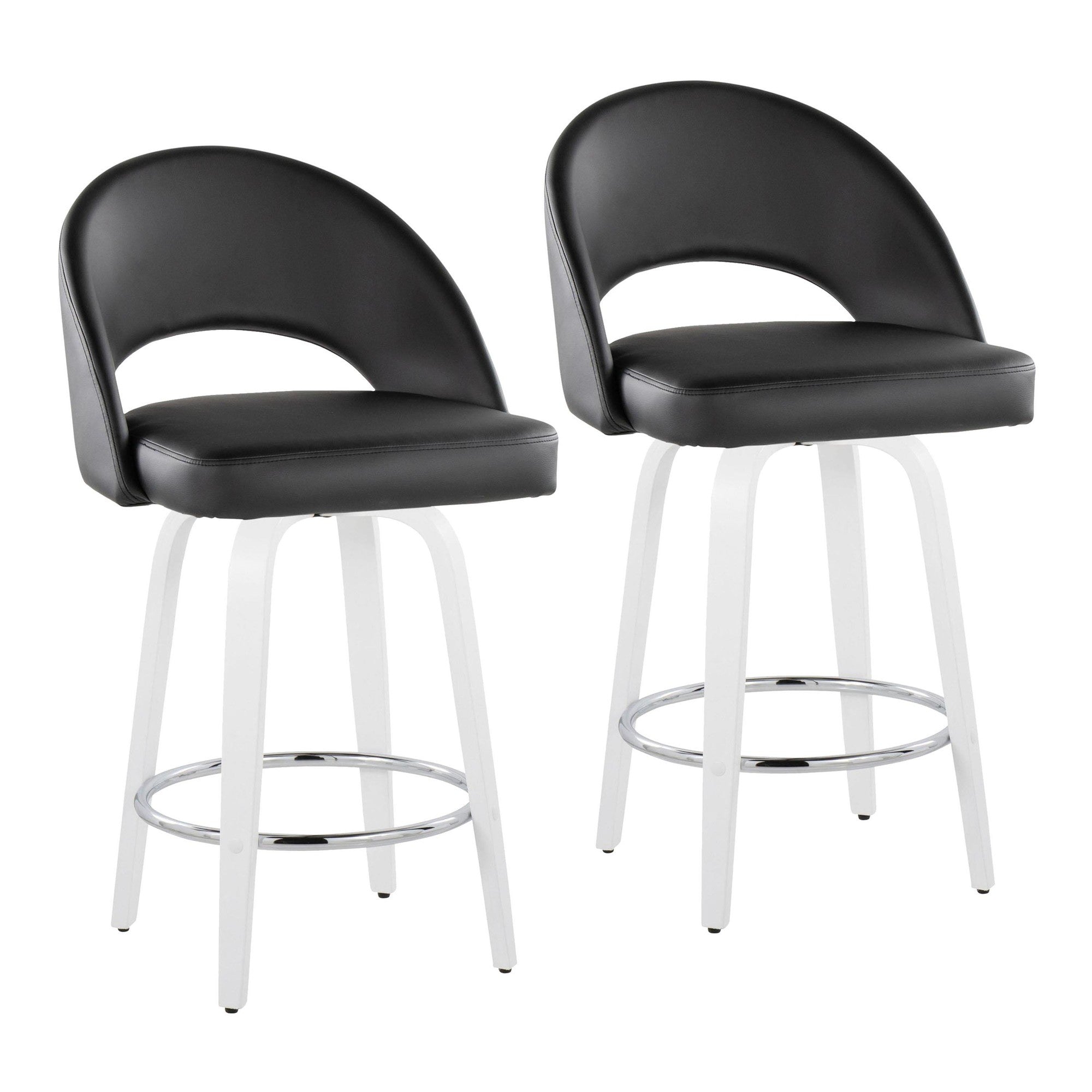 Renee 26" Fixed-Height Counter Stool - Set of 2 - White Wood, Black PU, Chrome Metal