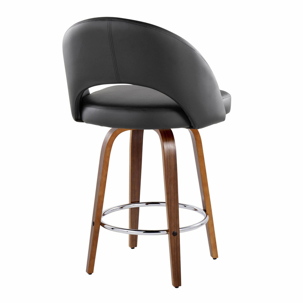 Renee Upholstered 26" Fixed-Height Counter Stool - Set of 2 - Walnut Wood, Black PU, Chrome Metal