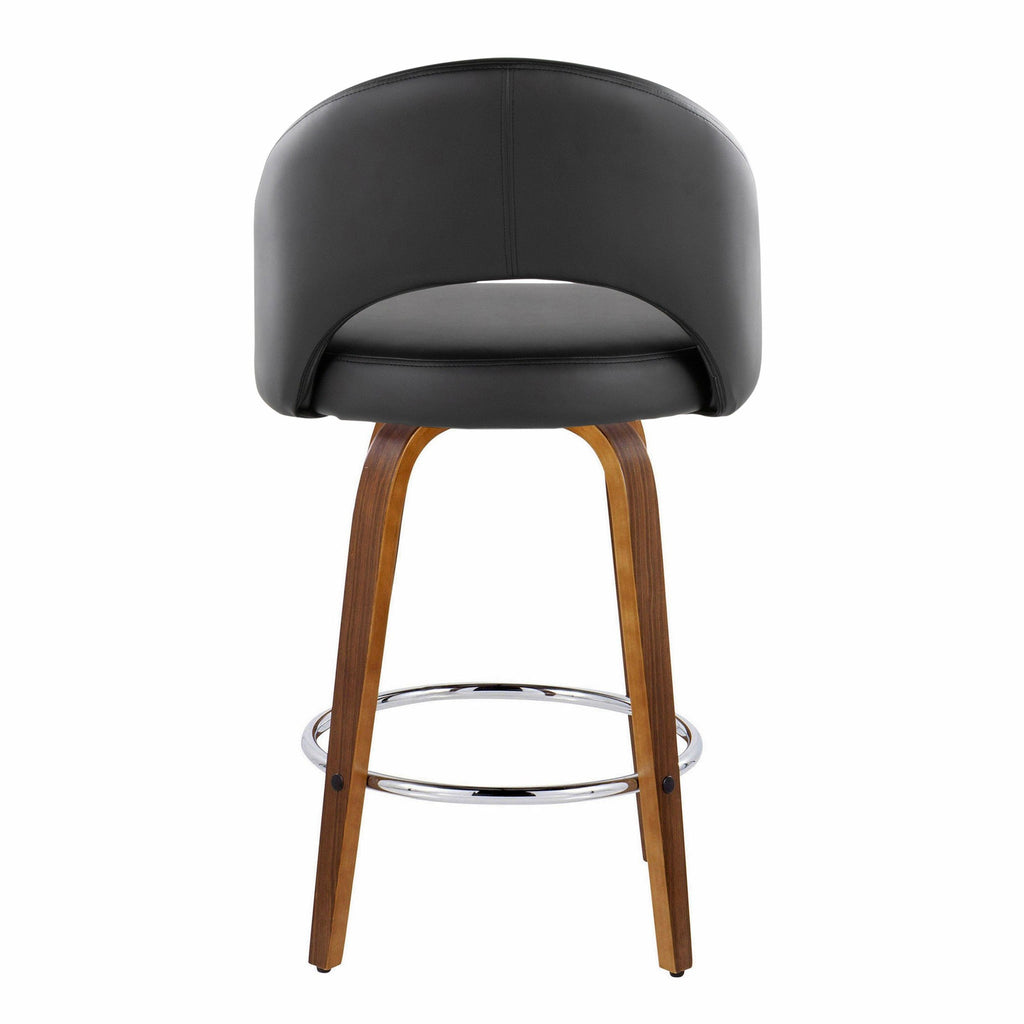 Renee Upholstered 26" Fixed-Height Counter Stool - Set of 2 - Walnut Wood, Black PU, Chrome Metal