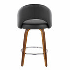 Renee Upholstered 26" Fixed-Height Counter Stool - Set of 2 - Walnut Wood, Black PU, Chrome Metal