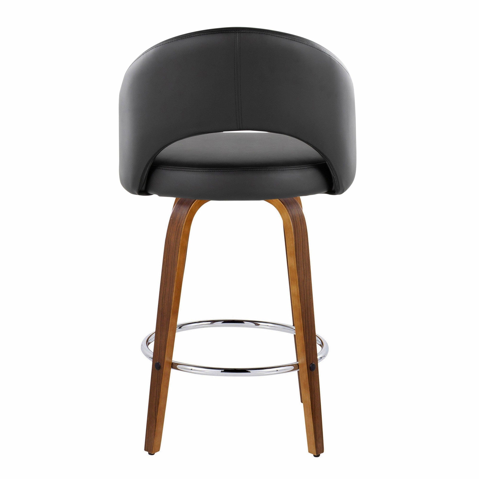 Renee Upholstered 26" Fixed-Height Counter Stool - Set of 2 - Walnut Wood, Black PU, Chrome Metal