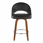 Renee Upholstered 26" Fixed-Height Counter Stool - Set of 2 - Walnut Wood, Black PU, Chrome Metal