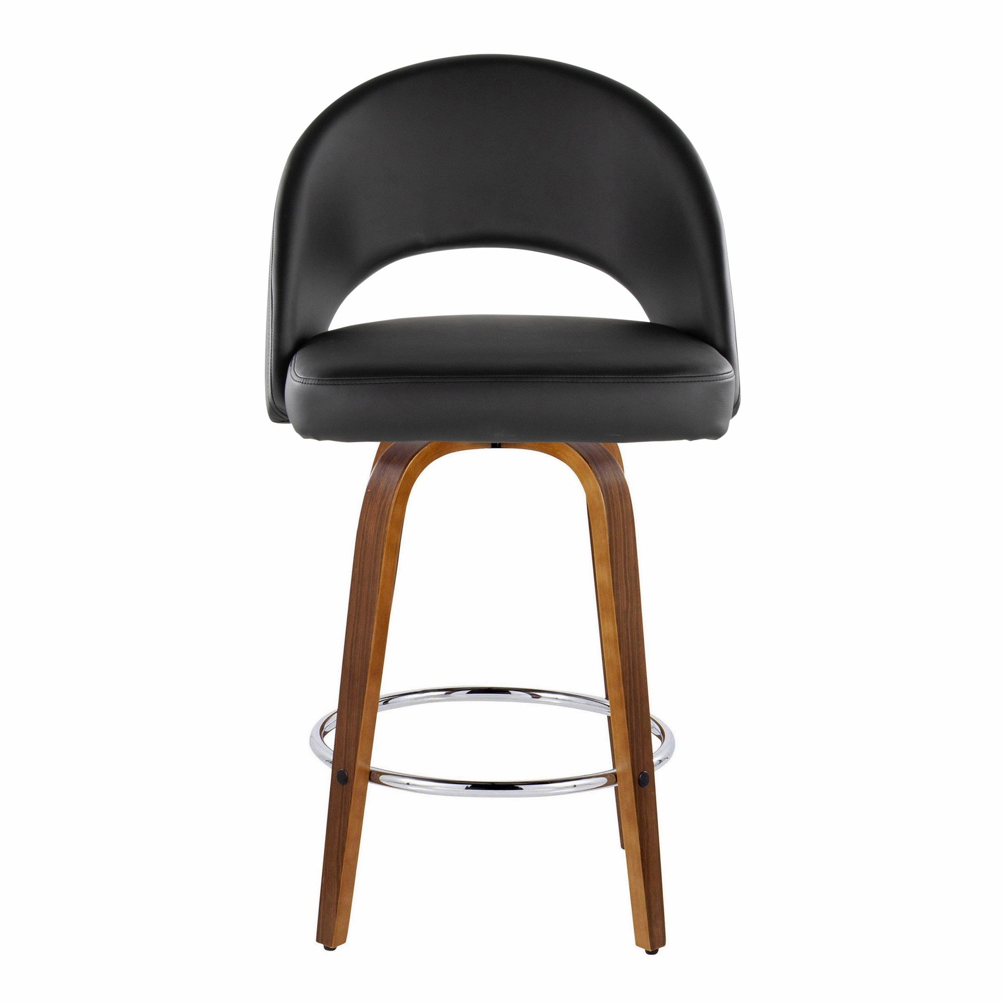 Renee Upholstered 26" Fixed-Height Counter Stool - Set of 2 - Walnut Wood, Black PU, Chrome Metal