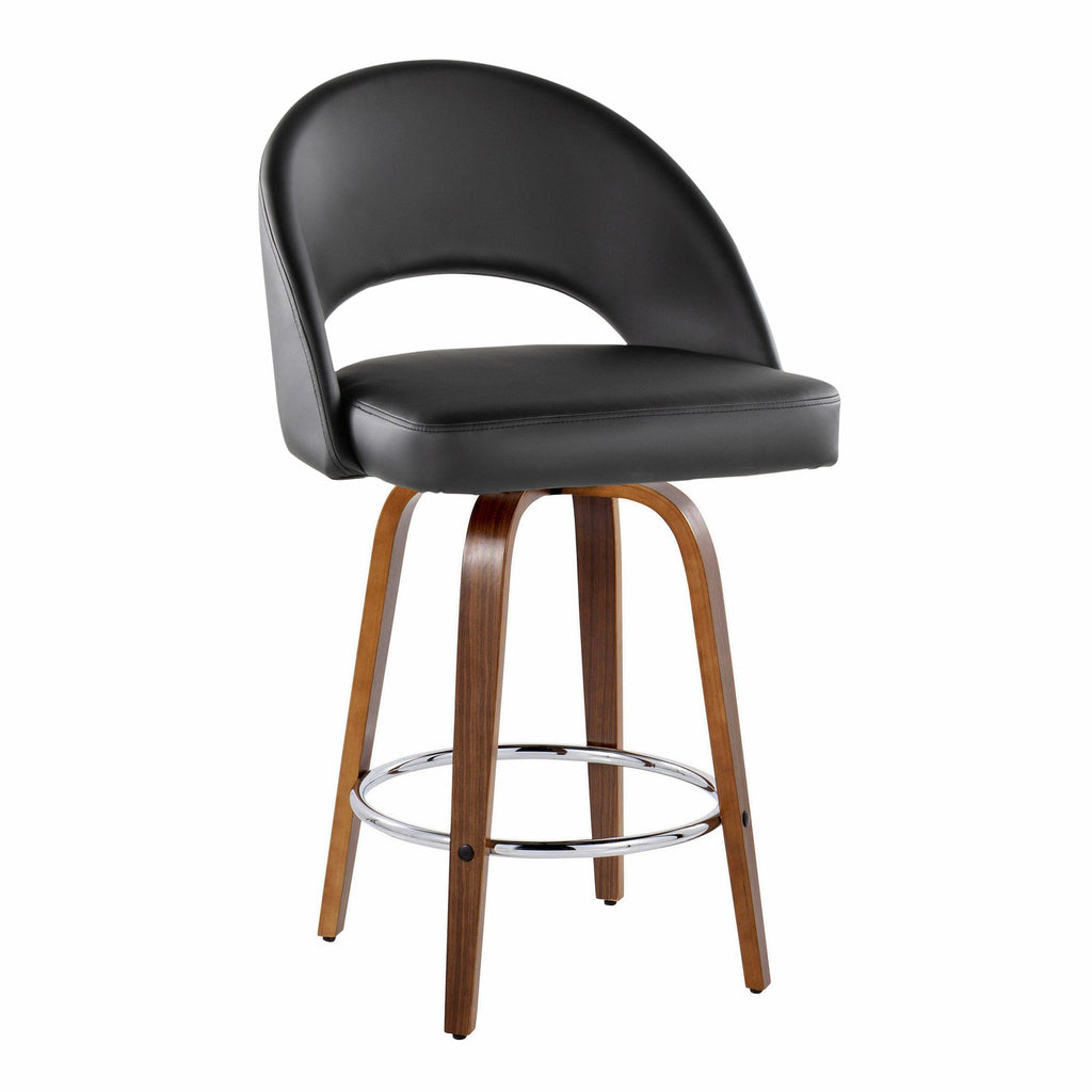 Renee Upholstered 26" Fixed-Height Counter Stool - Set of 2 - Walnut Wood, Black PU, Chrome Metal