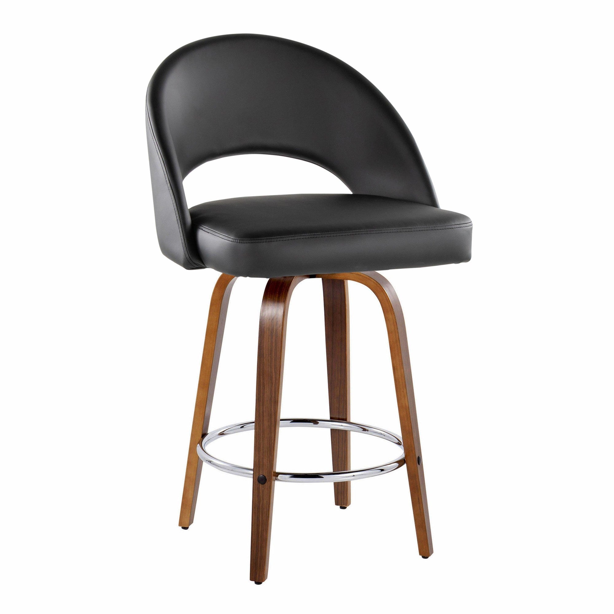 Renee Upholstered 26" Fixed-Height Counter Stool - Set of 2 - Walnut Wood, Black PU, Chrome Metal