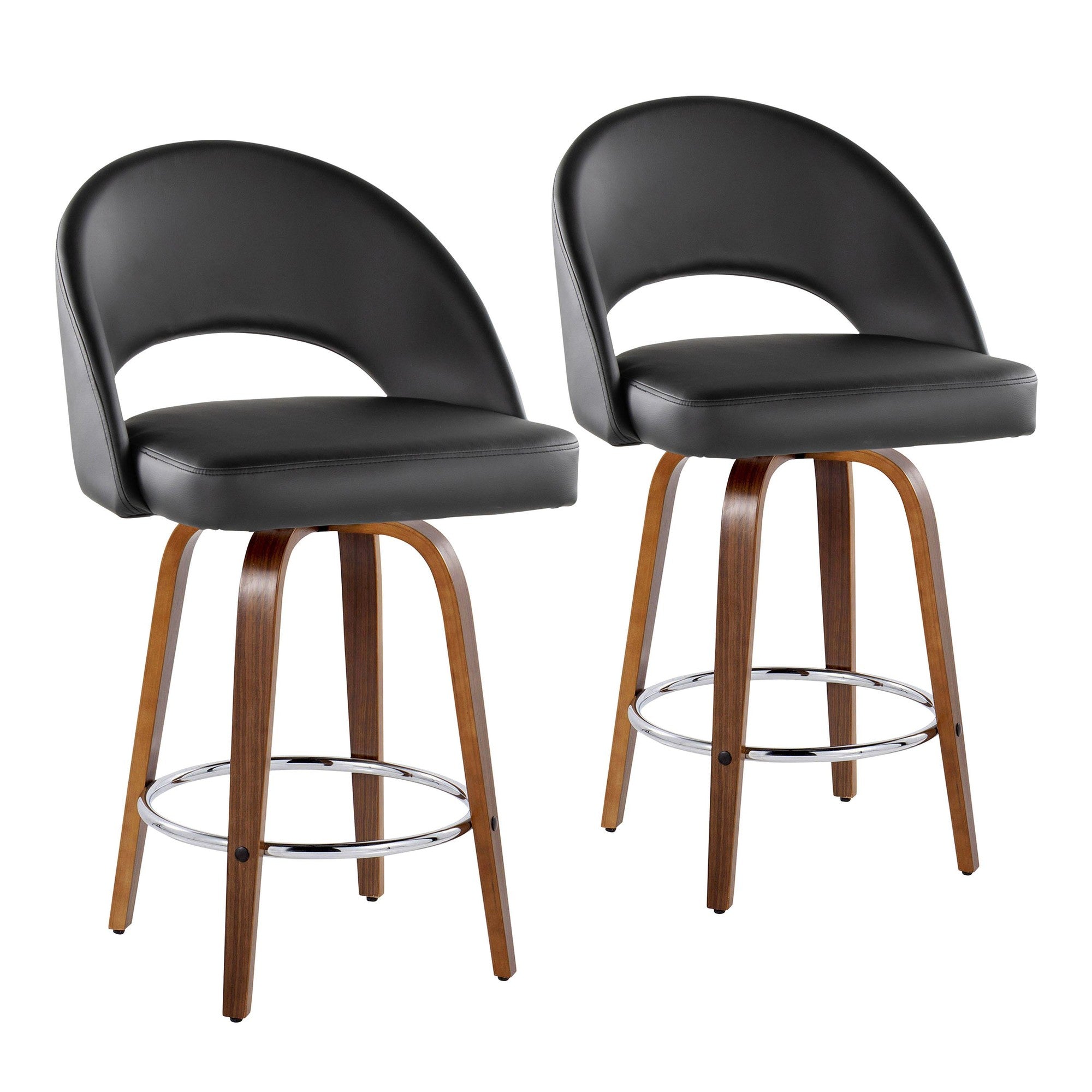 Renee Upholstered 26" Fixed-Height Counter Stool - Set of 2 - Walnut Wood, Black PU, Chrome Metal