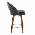 Renee Upholstered 26" Fixed-Height Counter Stool - Set of 2 - Walnut Wood, Black PU, Chrome Metal