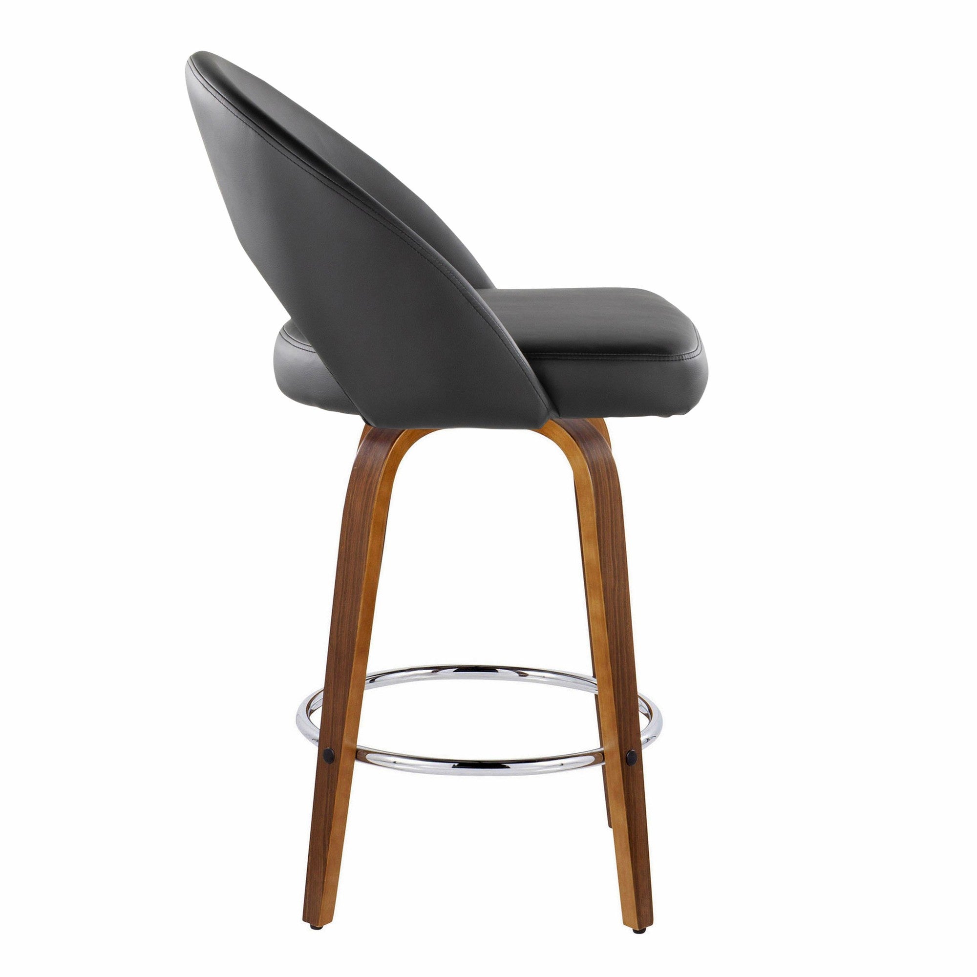 Renee Upholstered 26" Fixed-Height Counter Stool - Set of 2 - Walnut Wood, Black PU, Chrome Metal
