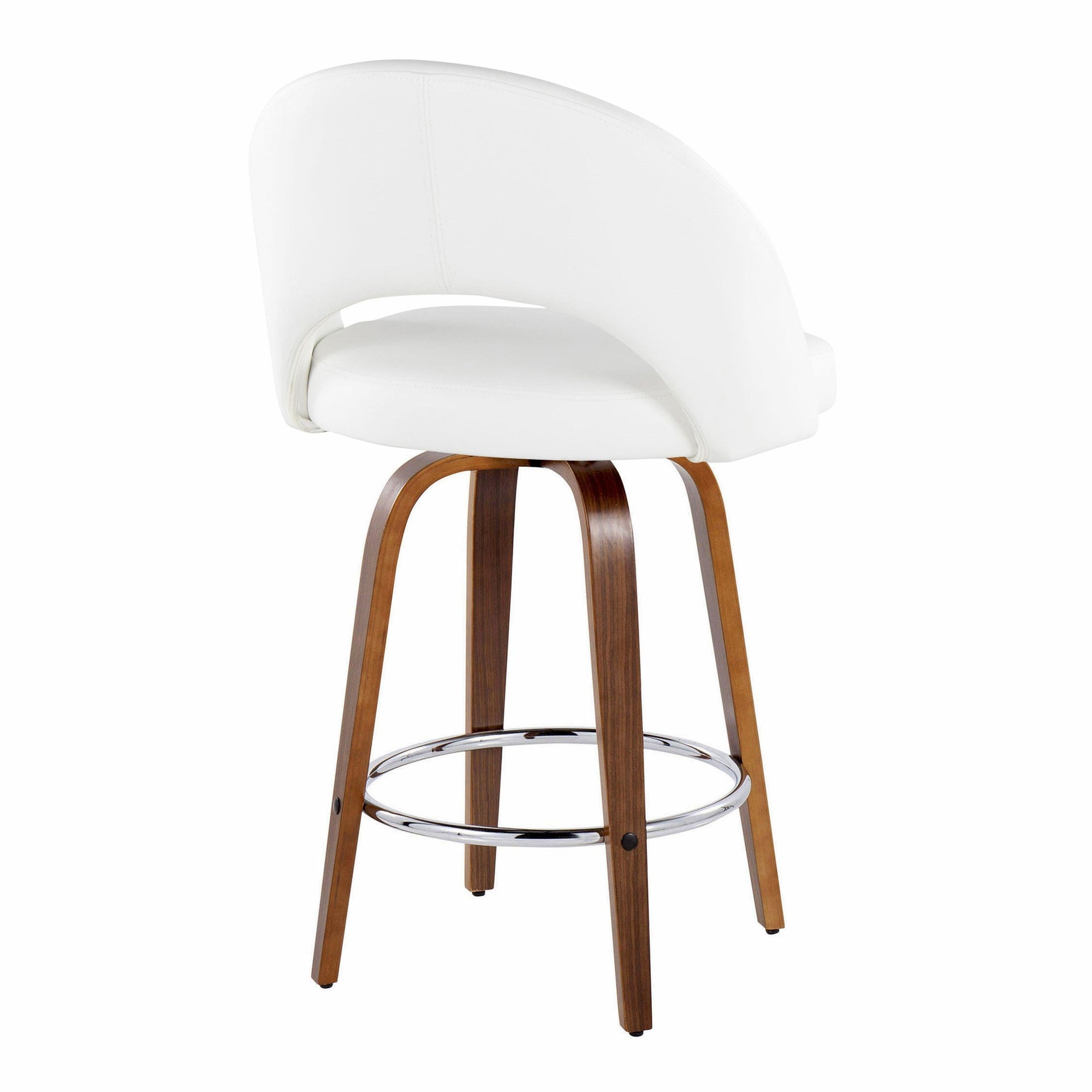 Renee Upholstered 26" Fixed-Height Counter Stool - Set of 2 - Walnut Wood, White PU, Chrome Metal