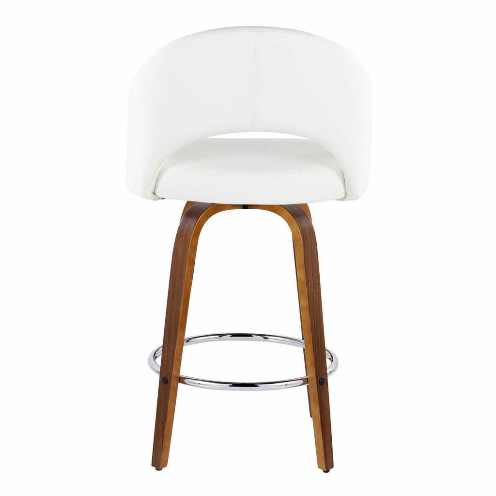 Renee Upholstered 26" Fixed-Height Counter Stool - Set of 2 - Walnut Wood, White PU, Chrome Metal