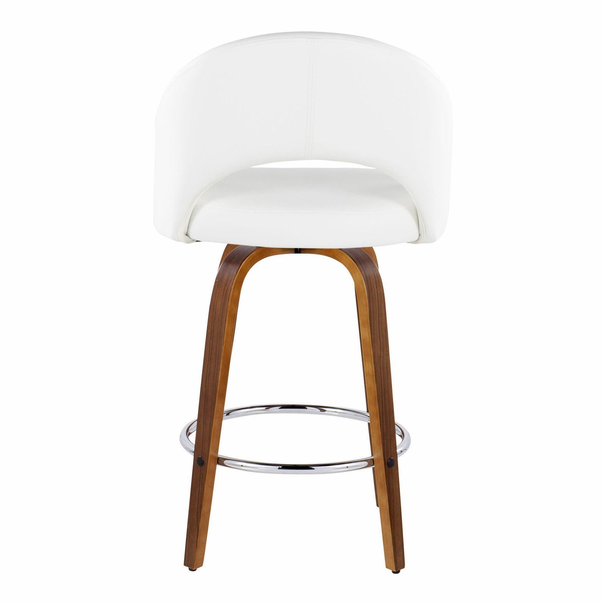 Renee Upholstered 26" Fixed-Height Counter Stool - Set of 2 - Walnut Wood, White PU, Chrome Metal