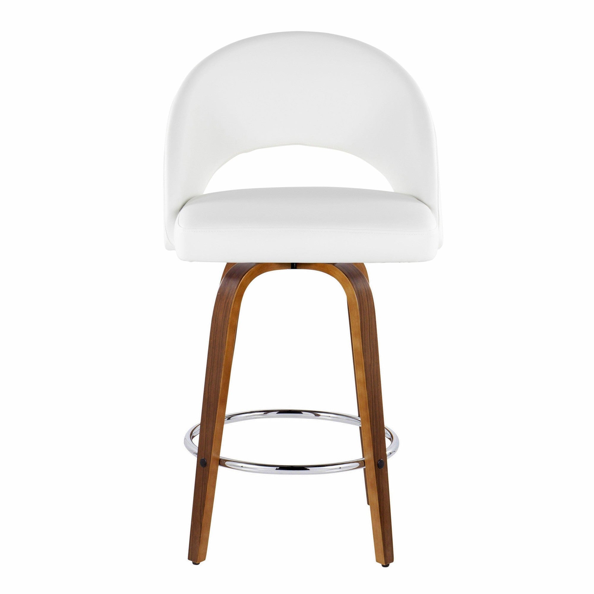 Renee Upholstered 26" Fixed-Height Counter Stool - Set of 2 - Walnut Wood, White PU, Chrome Metal