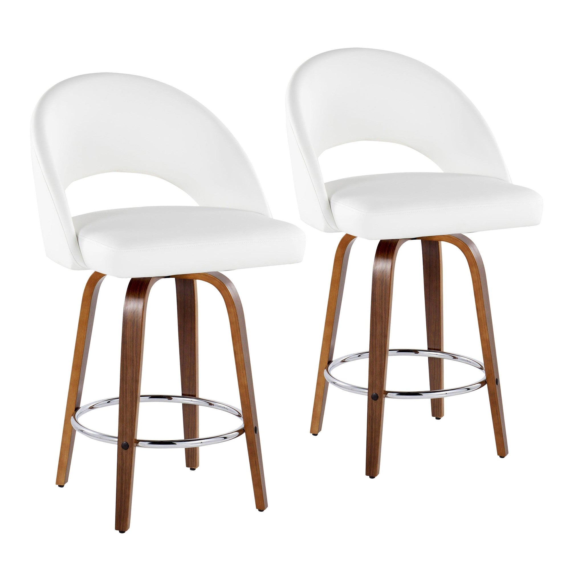 Renee Upholstered 26" Fixed-Height Counter Stool - Set of 2 - Walnut Wood, White PU, Chrome Metal