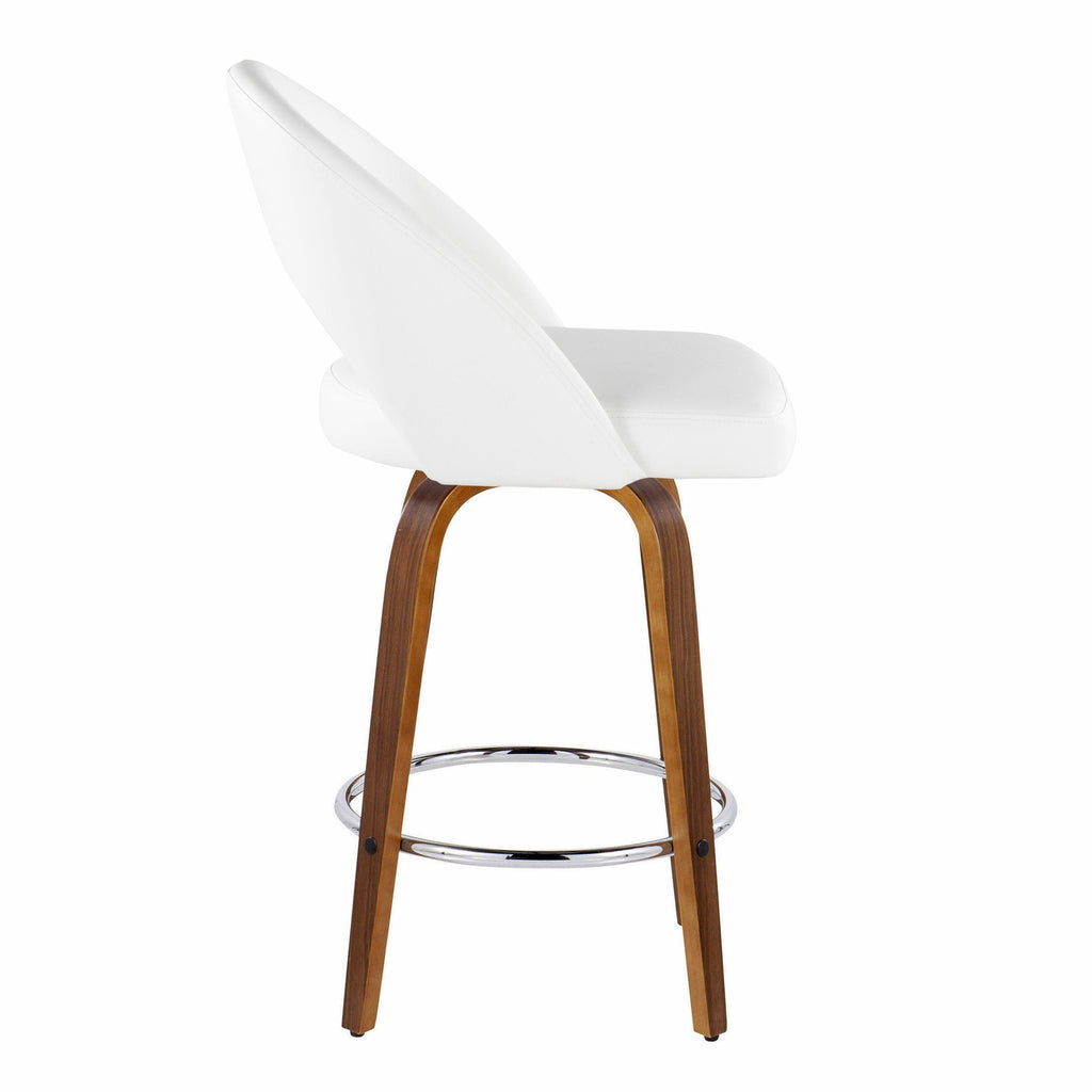 Renee Upholstered 26" Fixed-Height Counter Stool - Set of 2 - Walnut Wood, White PU, Chrome Metal