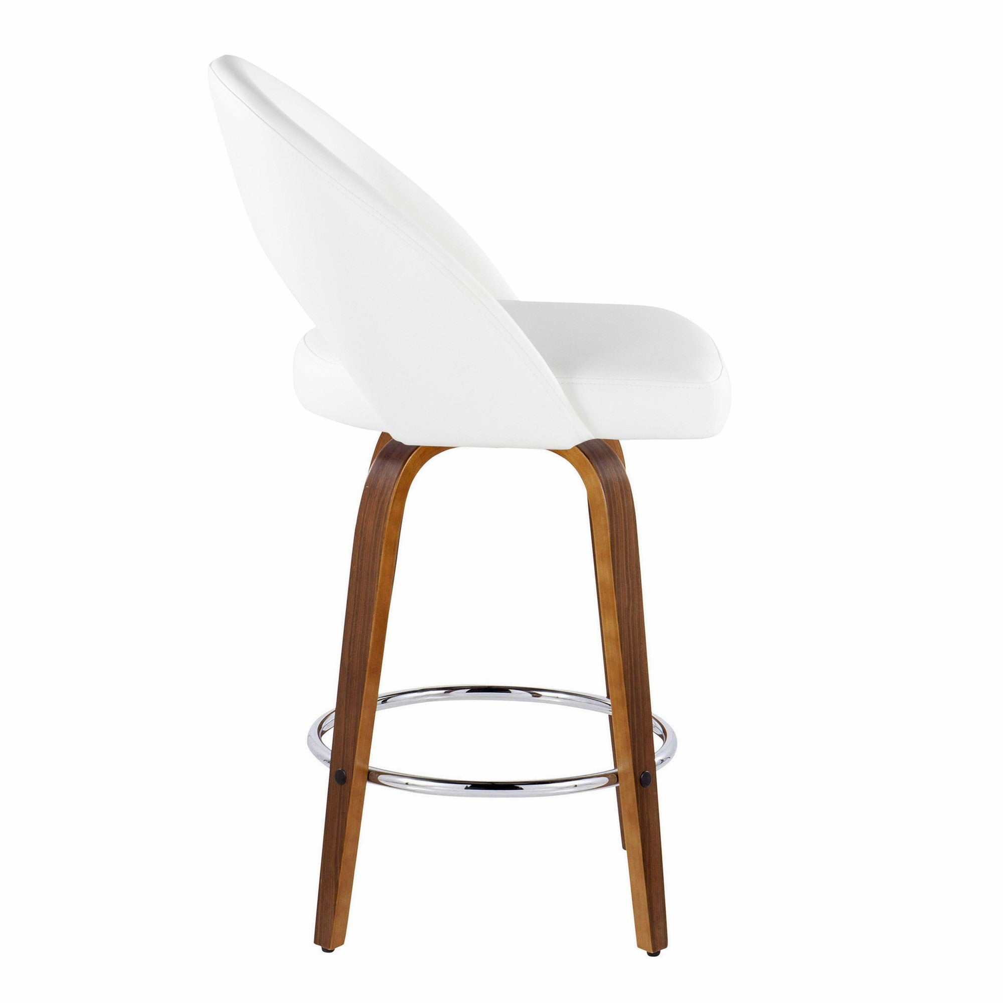 Renee Upholstered 26" Fixed-Height Counter Stool - Set of 2 - Walnut Wood, White PU, Chrome Metal