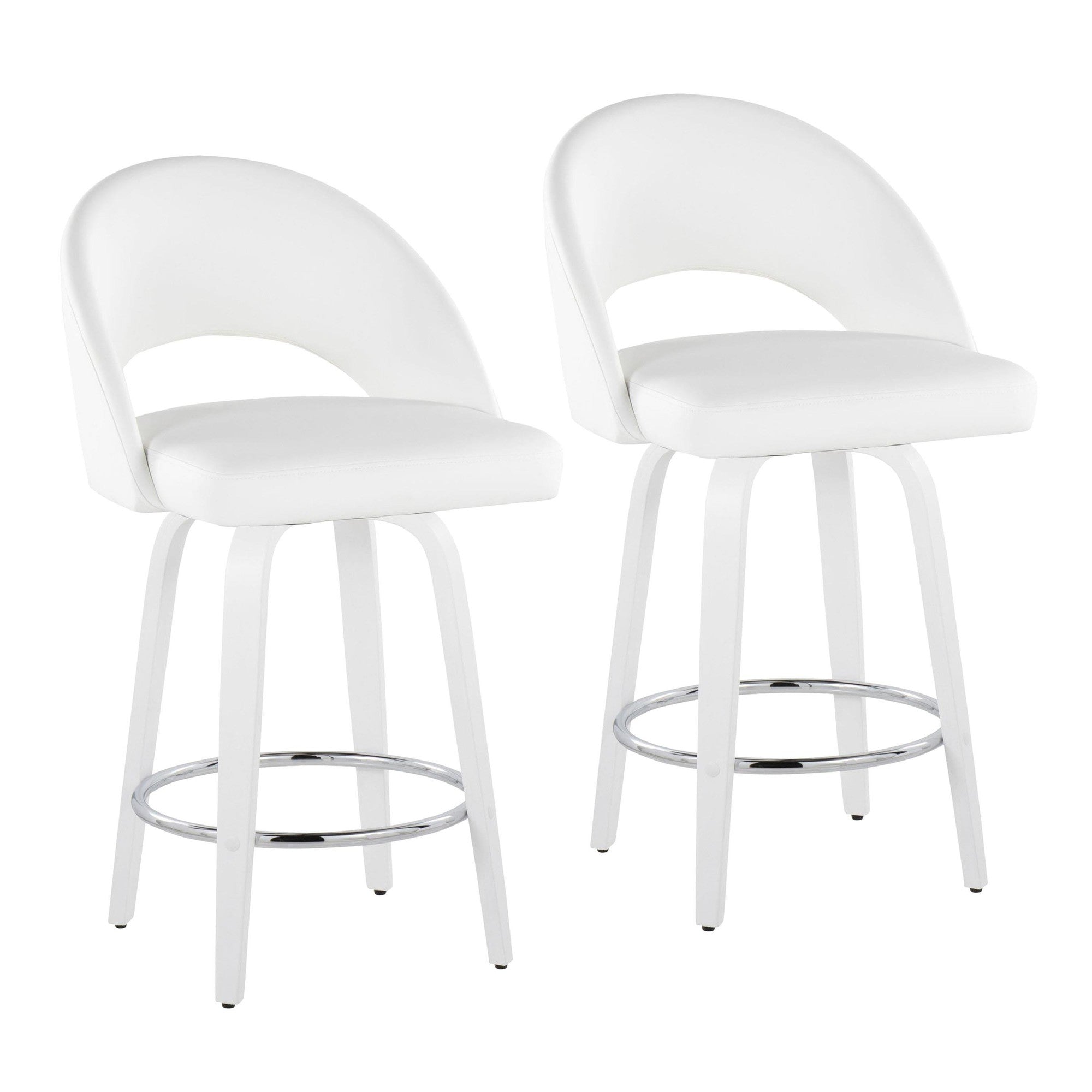 Renee 26" Fixed-Height Counter Stool - Set of 2 - White Wood, White PU, Chrome Metal