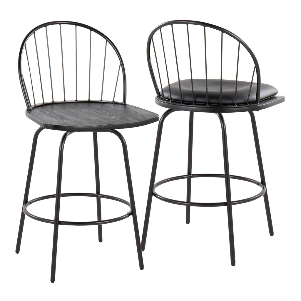 Riley Claire 26" Fixed-Height Counter Stool - Set of 2 - Black Metal, Black Wood, Black PU