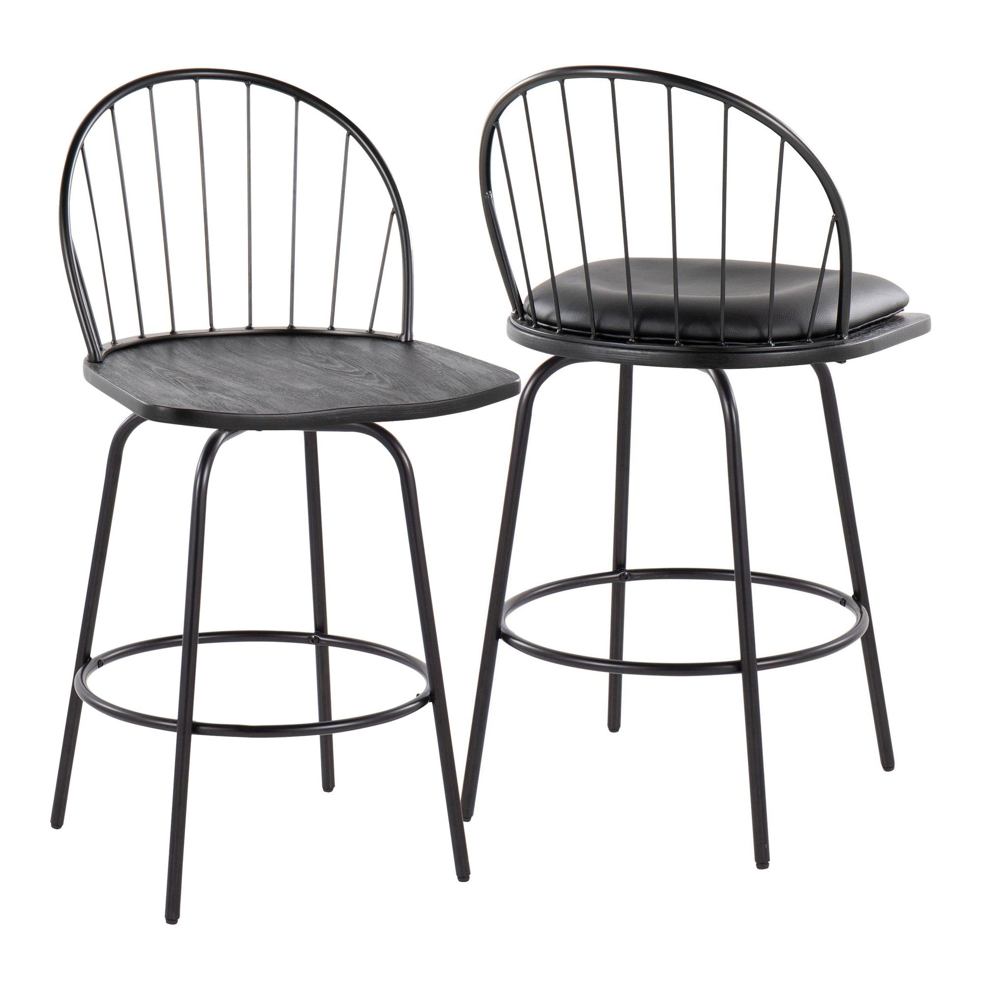 Riley Claire 26" Fixed-Height Counter Stool - Set of 2 - Black Metal, Black Wood, Black PU