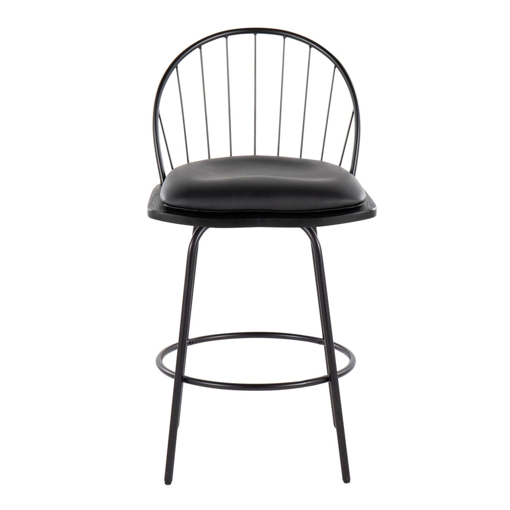 Riley Claire 26" Fixed-Height Counter Stool - Set of 2 - Black Metal, Black Wood, Black PU
