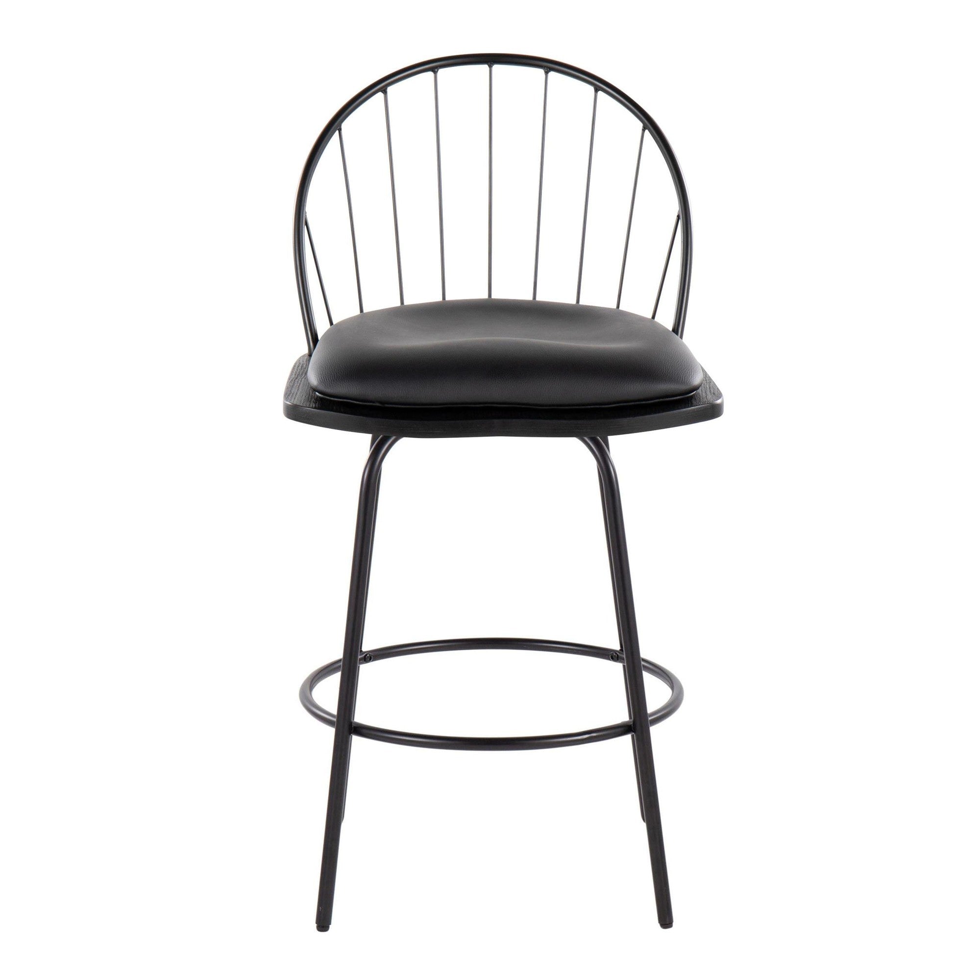 Riley Claire 26" Fixed-Height Counter Stool - Set of 2 - Black Metal, Black Wood, Black PU