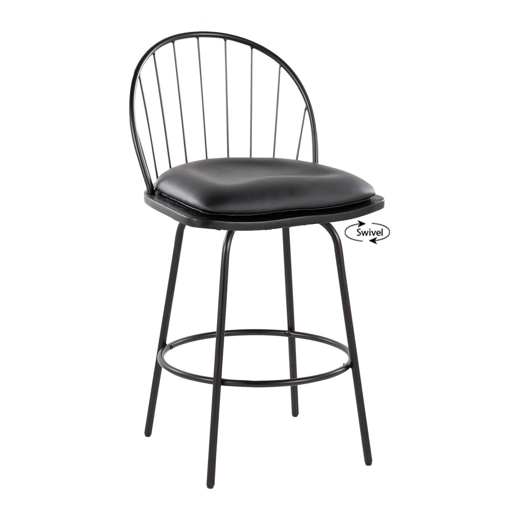 Riley Claire 26" Fixed-Height Counter Stool - Set of 2 - Black Metal, Black Wood, Black PU