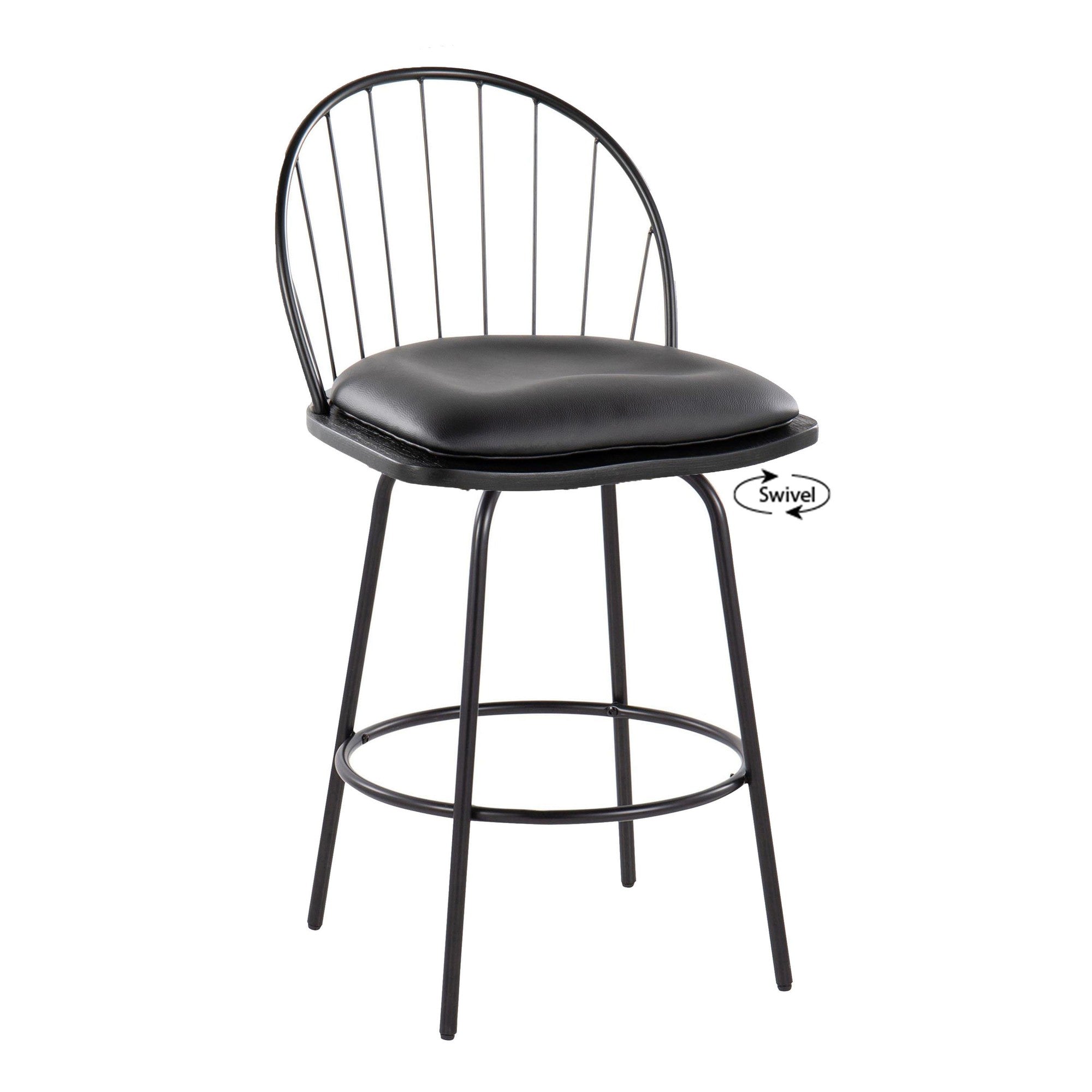 Riley Claire 26" Fixed-Height Counter Stool - Set of 2 - Black Metal, Black Wood, Black PU
