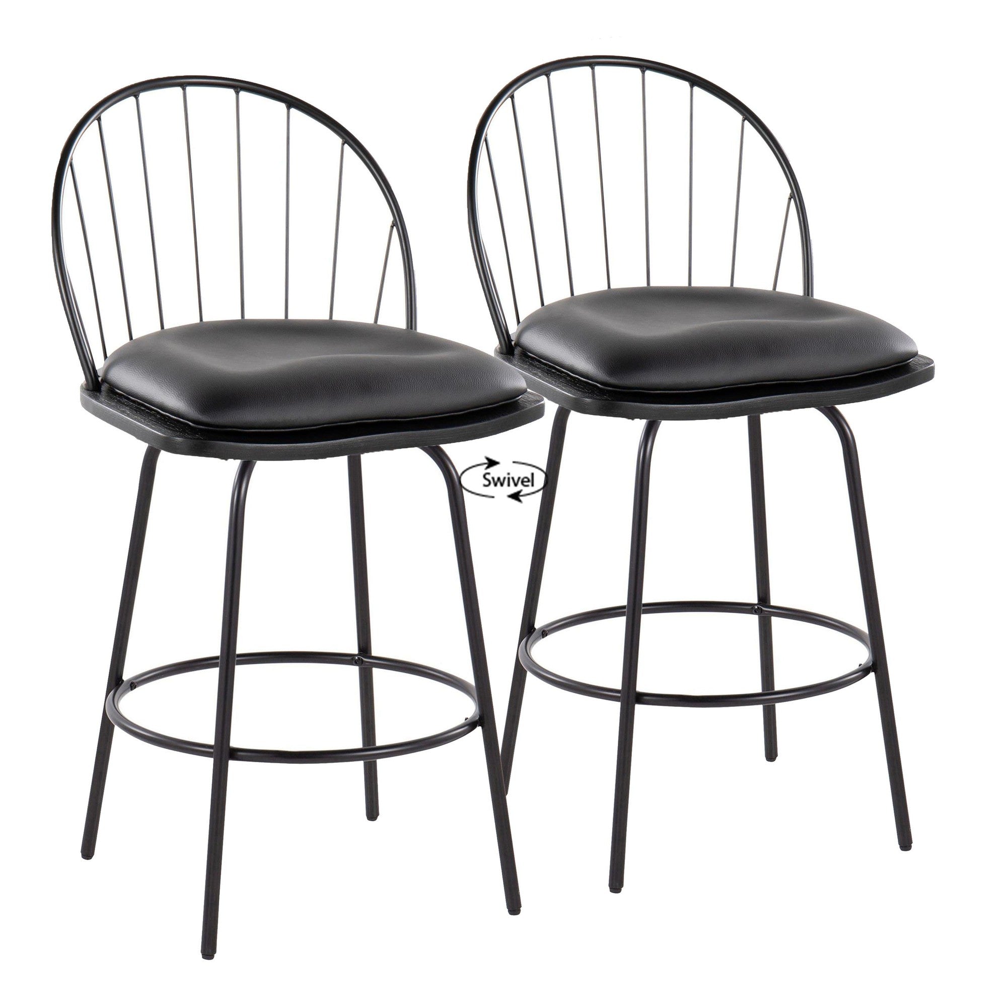 Riley Claire 26" Fixed-Height Counter Stool - Set of 2 - Black Metal, Black Wood, Black PU