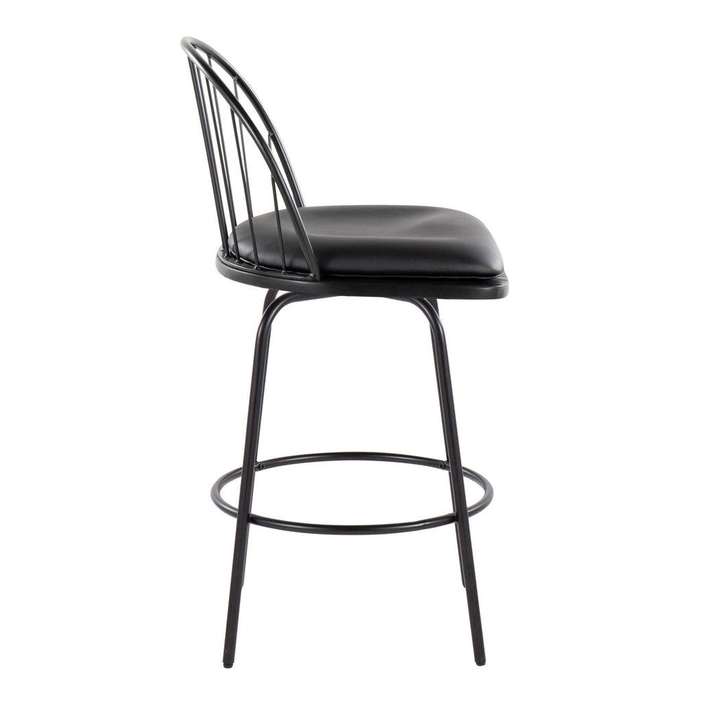 Riley Claire 26" Fixed-Height Counter Stool - Set of 2 - Black Metal, Black Wood, Black PU